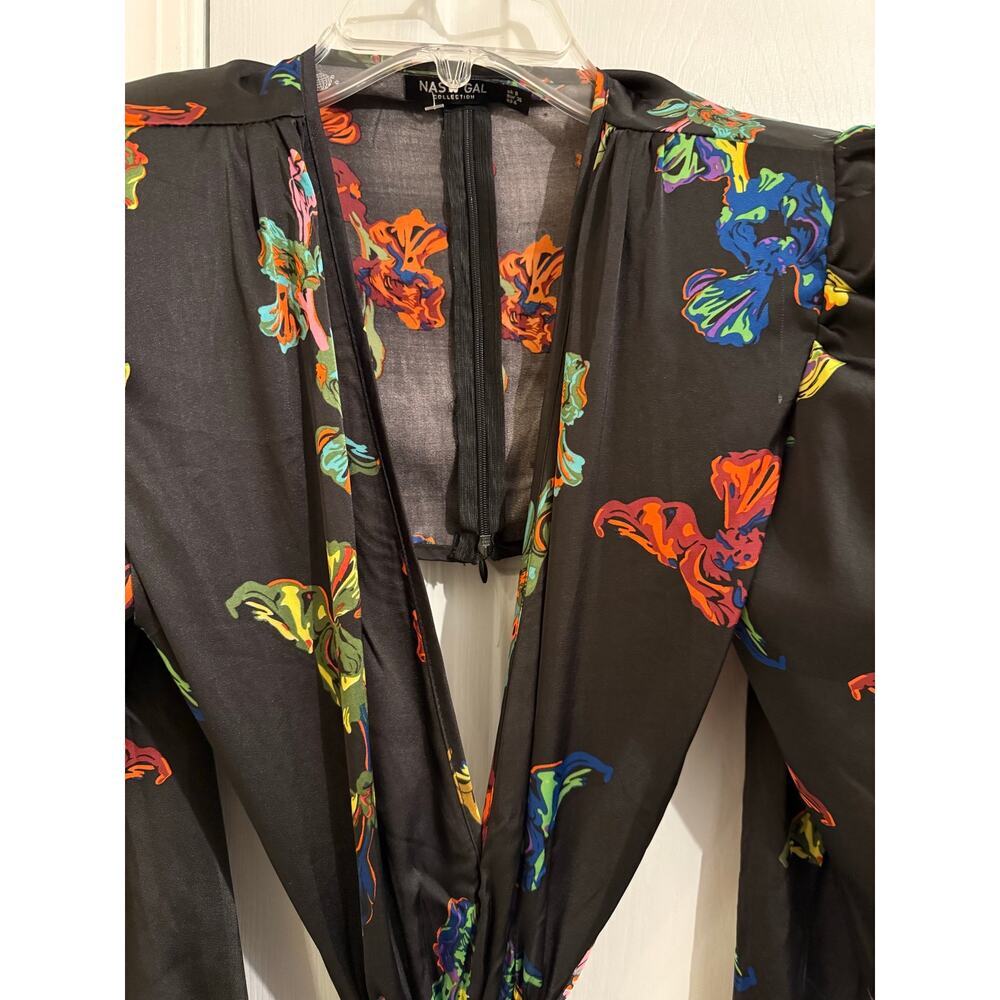 Nasty Gal Black Floral Cutout Midi Dress Size 4 Long Sleeve Ruched Slit - Picture 5 of 8